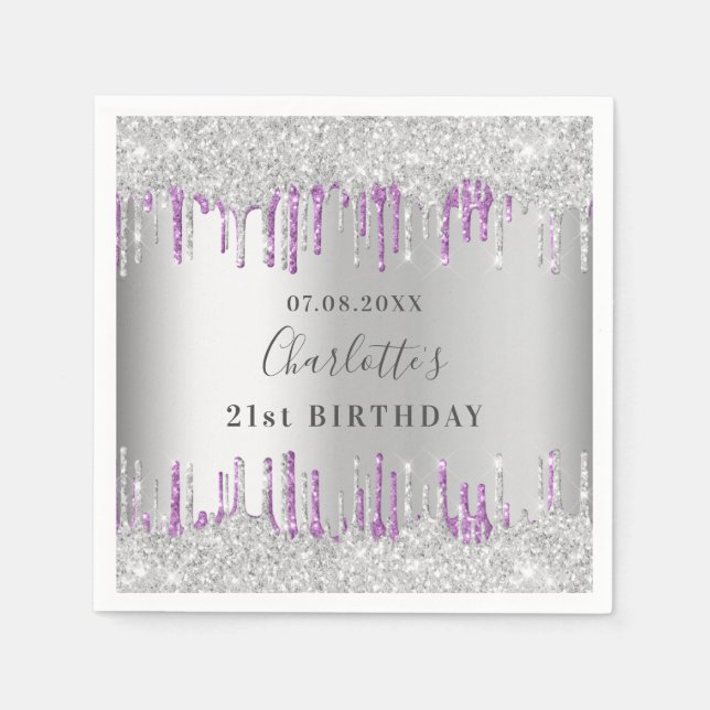 Birthday silver purple glitter drip monogram napkin (Front)