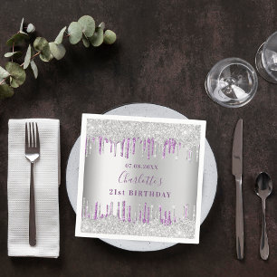 Birthday silver purple glitter drip monogram napkin