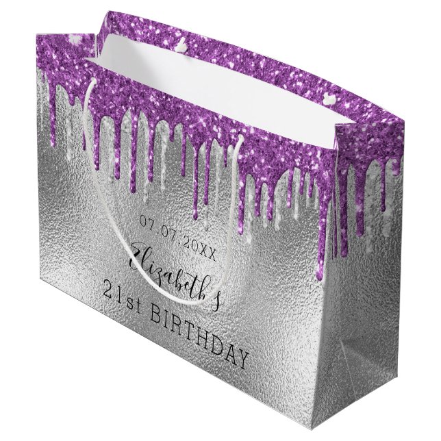 Birthday silver purple glitter drips large gift bag (Back Angled)