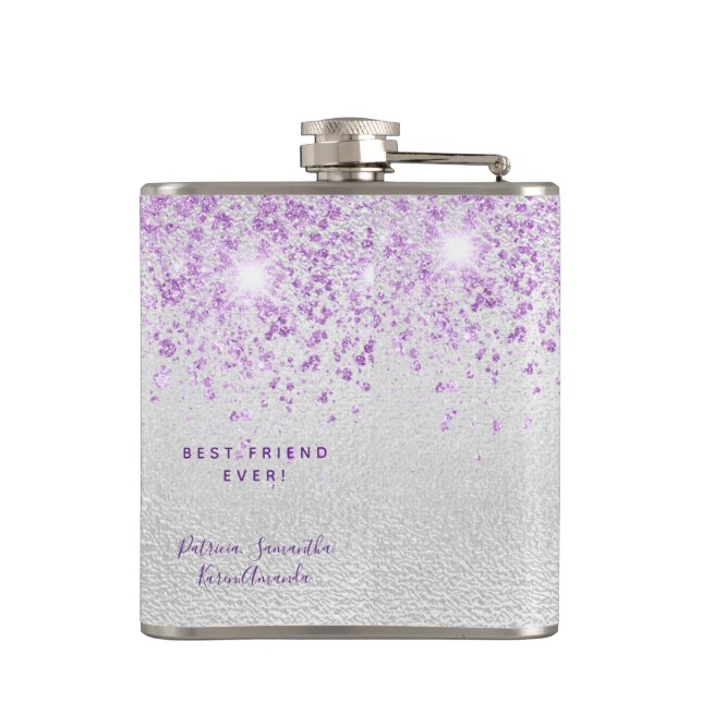 Birthday silver purple glitter dust friends hip flask (Back)