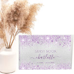 Birthday silver purple glitter dust metal monogram guest book<br><div class="desc">A guestbook for a feminine and glamourous 21st (or any age) birthday party.  A classic faux silver metallic looking background with purple faux glitter dust.  Add your name,  age 21/text    Personalise and add your text on the spine.</div>