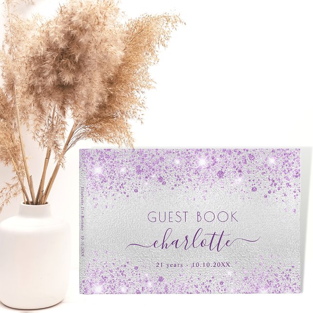 Birthday silver purple glitter dust metal monogram guest book (Creator Uploaded)