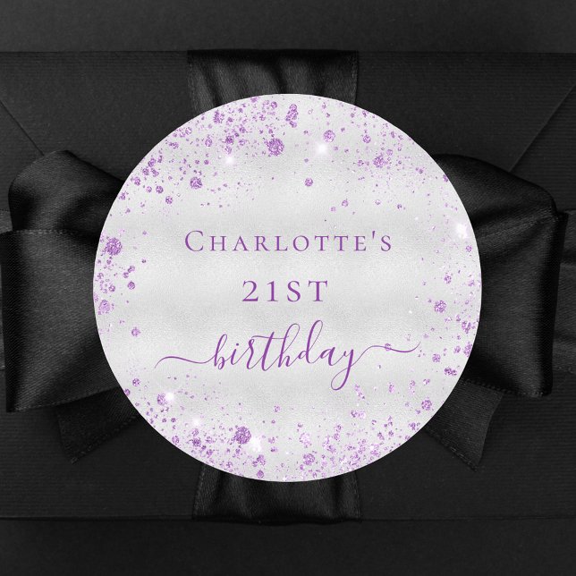 Birthday silver purple glitter dust monogram classic round sticker (Creator Uploaded)