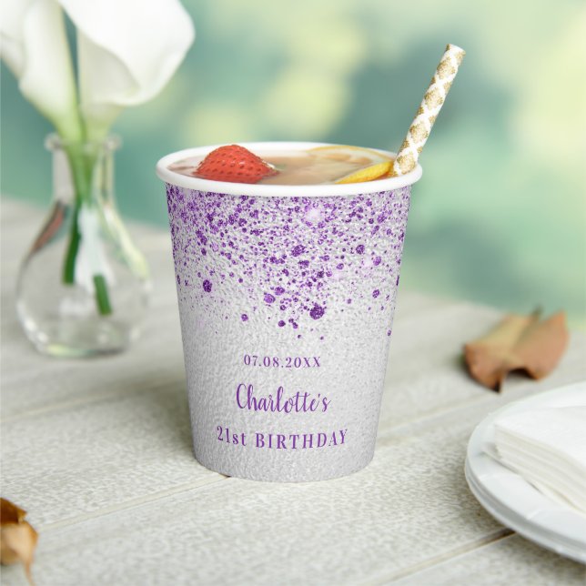 Birthday silver purple glitter dust monogram  paper cups (Insitu)