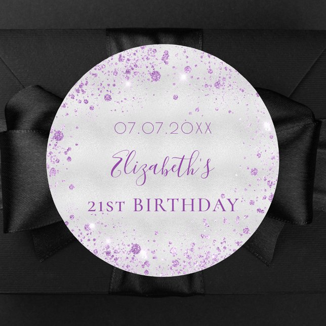 Birthday silver purple glitter dust name date classic round sticker (Creator Uploaded)