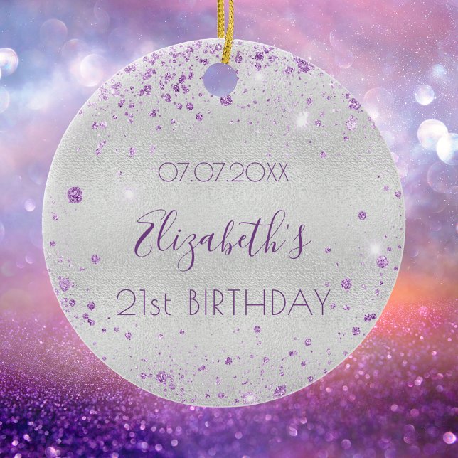 Birthday silver purple glitter dust name elegant ceramic ornament (Creator Uploaded)