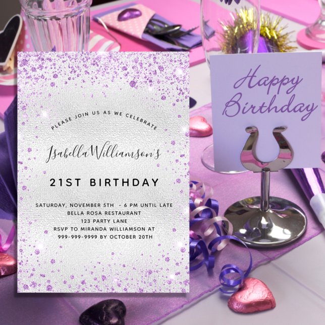 Birthday silver purple glitter dust sparkle invitation (Creator Uploaded)