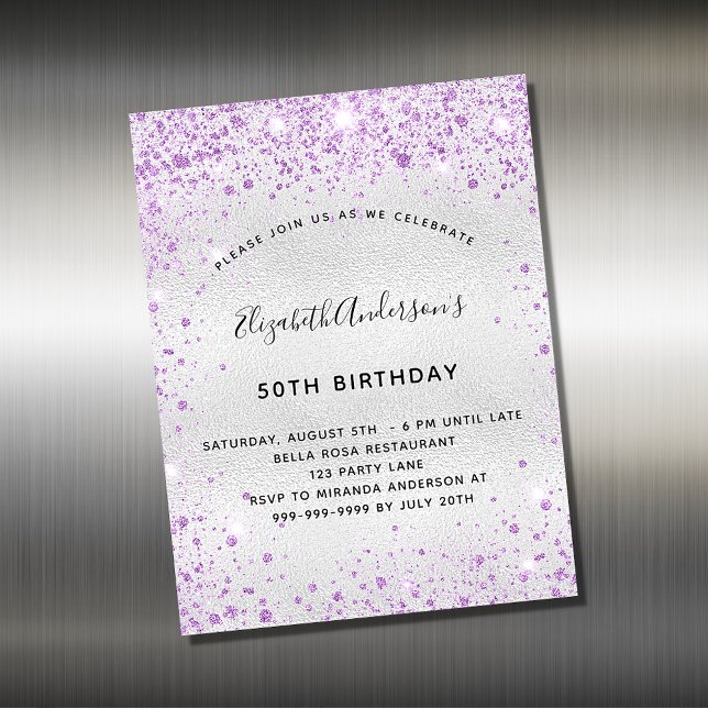 Birthday silver purple glitter invitation magnet (Creator Uploaded)