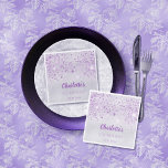 Birthday silver purple glitter monogram napkin<br><div class="desc">For a girly and glamorous 21st (or any age) birthday party.  A faux silver looking background with purple faux glitter drops. The text: The name is written in purple modern hand lettered style script. Personalize and add a name,  age 21 and a date.</div>