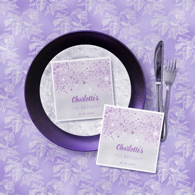 Birthday silver purple glitter monogram napkin (Creator Uploaded)