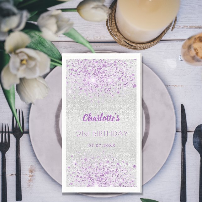 Birthday silver purple glitter monogram napkin (Creator Uploaded)