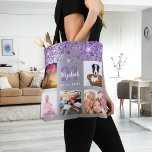 Birthday silver purple glitter photo collage name tote bag<br><div class="desc">A unique gift for a girl/woman's 21st (or any age) birthday, celebrating her life with a collage of 5 of your own photos, pictures. Personalise and add her name, age 21 and a date. A faux silver metallic looking background. Decorated with purple faux glitter dust. Purple and white letters and...</div>