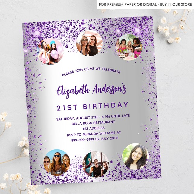 Birthday silver purple photo budget invitation flyer (Creator Uploaded)
