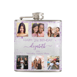 Birthday silver purple photo collage friends hip flask