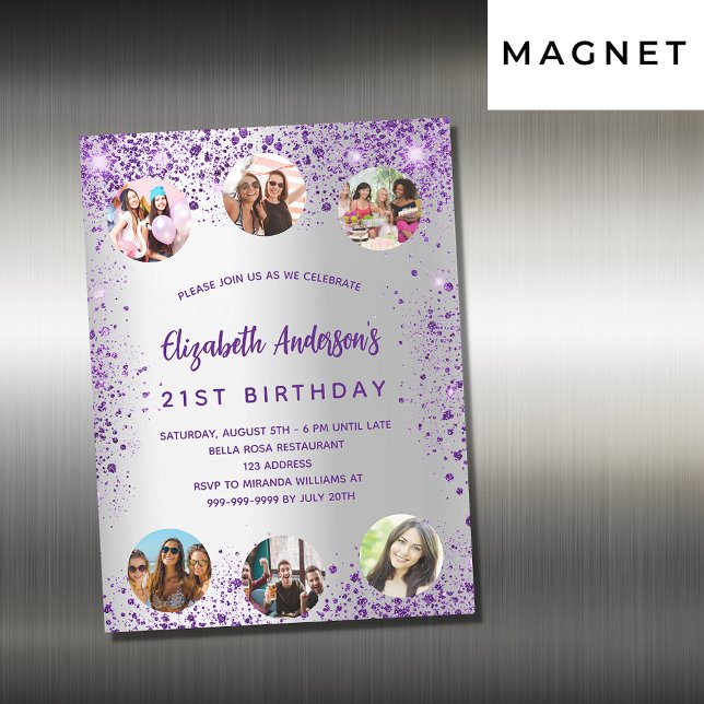 Birthday silver purple photo friends luxury magnetic invitation (Creator Uploaded)