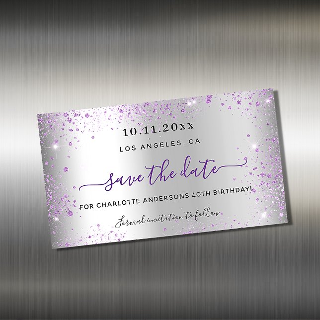 Birthday silver purple save the date magnet (Creator Uploaded)