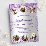 Birthday silver purple sparkles photo friends invitation postcard<br><div class="desc">A girly and feminine 21st (or any age) birthday party invitation. On front: A trendy faux silver looking background. Decorated with dark purple faux glitter, sparkles. Personalise and add a name, party details and 6 photos. The name is written with a hand lettered style script, purple coloured letters. Back: faux...</div>
