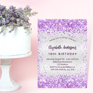 Birthday silver purple violet glitter glamourous invitation