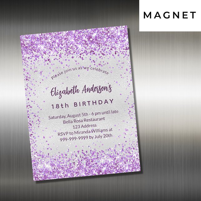 Birthday silver purple violet glitter luxury magnetic invitation (Creator Uploaded)