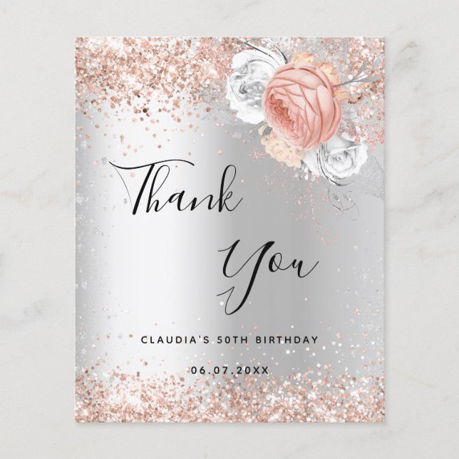 Birthday silver rose gold budget thank you note flyer (Front)