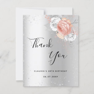 Birthday silver rose gold floral sparkle thank you card