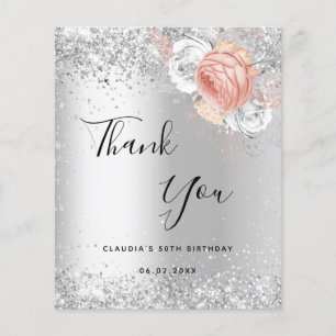 Birthday silver rose gold flowers thank you card