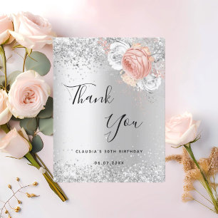 Birthday silver rose gold flowers thank you card
