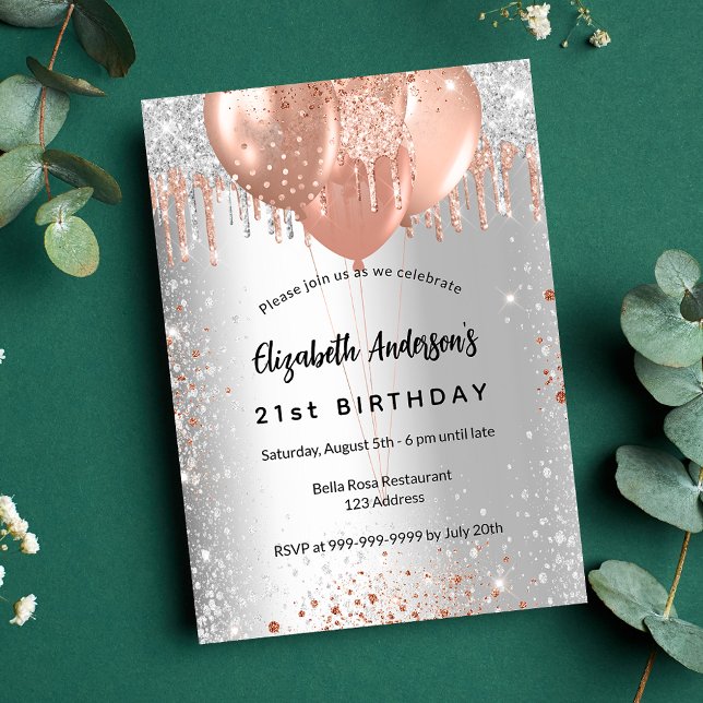 Birthday silver rose gold glitter balloons invitation postcard (Creator Uploaded)
