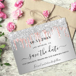 Birthday silver rose gold glitter drips save the date<br><div class="desc">A girly and trendy Save the Date card for a 21st (or any age) birthday party. A faux silver looking background decorated with rose gold and faux silver glitter drips, paint dripping look. Personalise and add a date and name/age. The text: Save the Date is written with a large trendy...</div>
