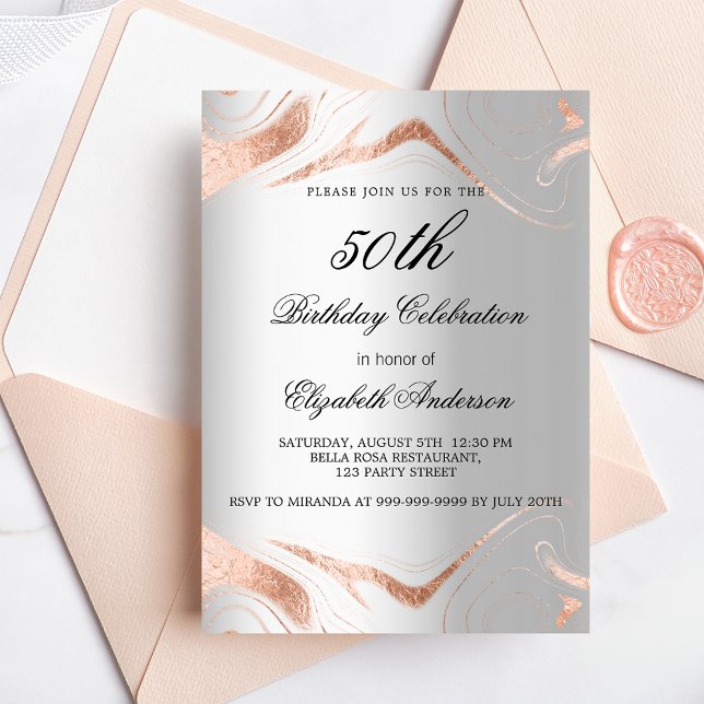 Birthday silver rose gold marble elegant invitation postcard (Creator Uploaded)