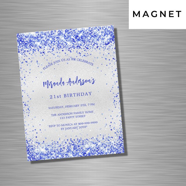 Birthday silver royal blue sparkles luxury magnetic invitation (Creator Uploaded)