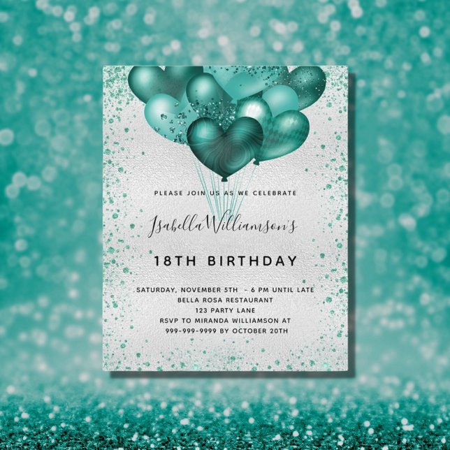 Birthday silver teal glitter budget invitation flyer (Creator Uploaded)