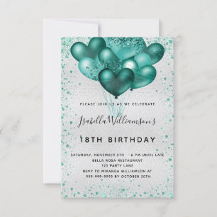 Birthday silver teal glitter dust balloons invitation