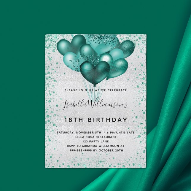 Birthday silver teal glitter dust invitation postcard (Creator Uploaded)