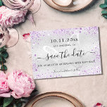 Birthday silver violet butterfly save the date announcement postcard<br><div class="desc">A girly and trendy Save the Date card for a 40th (or any age) birthday party. A modern faux silver looking background decorated with violet, lavender coloured faux glitter sparkles. Personalise and add a date and name/age 40. The text: Save the Date is written with a large trendy hand lettered...</div>