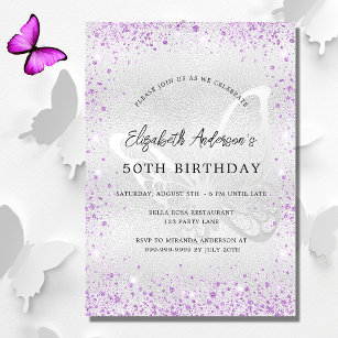 Birthday silver violet butterfly sparkles luxury invitation
