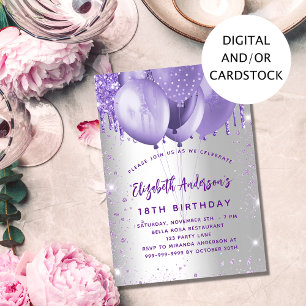 Birthday silver violet glitter balloons invitation