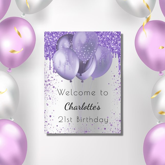 Birthday silver violet glitter welcome balloons poster (Creator Uploaded)