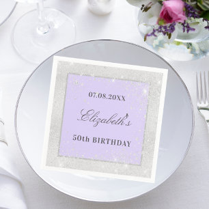 Birthday silver violet lavender glitter name napkin