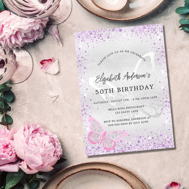Birthday silver violet pink butterfly invitation (Creator Uploaded)