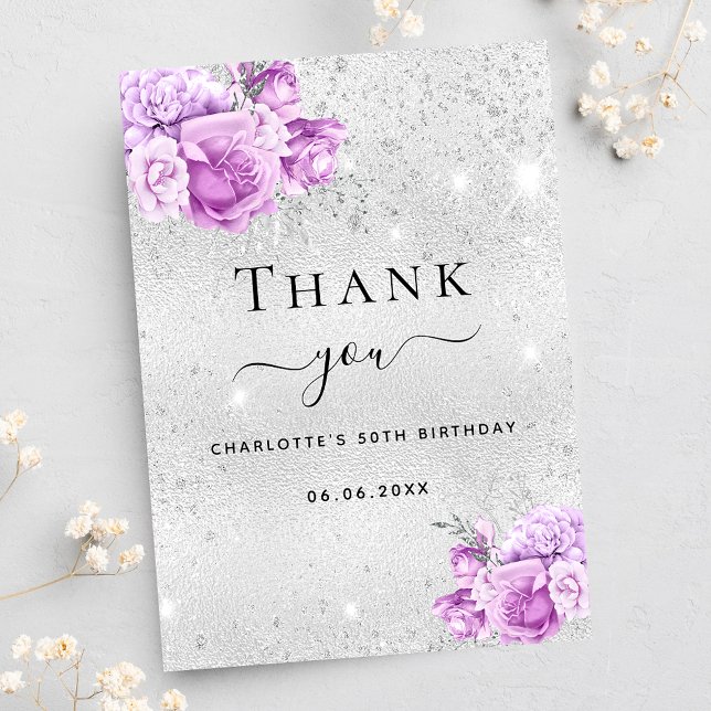 Birthday silver violet pink florals thank you card (Creator Uploaded)