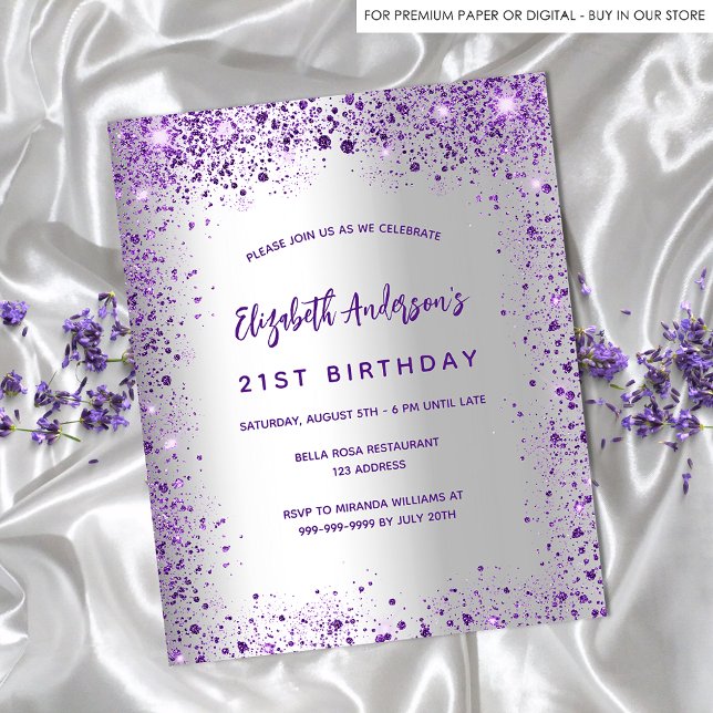 Birthday silver violet purple budget invitation (Creator Uploaded)