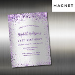 Birthday silver violet purple luxury magnetic invitation<br><div class="desc">A girly and feminine 21st (or any age) birthday party magnetic invitation. On front: A trendy faux silver looking background. Decorated with dark purple and violet faux glitter,  sparkles. Personalise and add a name,  party details. The name is written with a hand lettered style script,   purple coloured letters.</div>