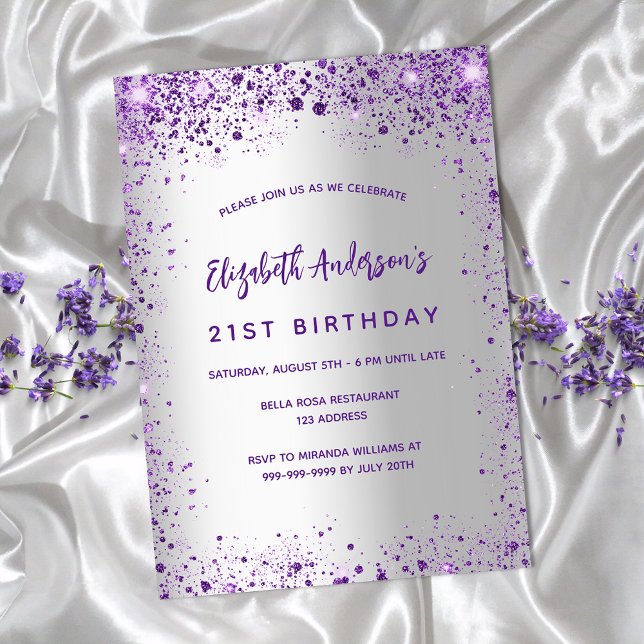 Birthday silver violet purple sparkles invitation postcard (Creator Uploaded)