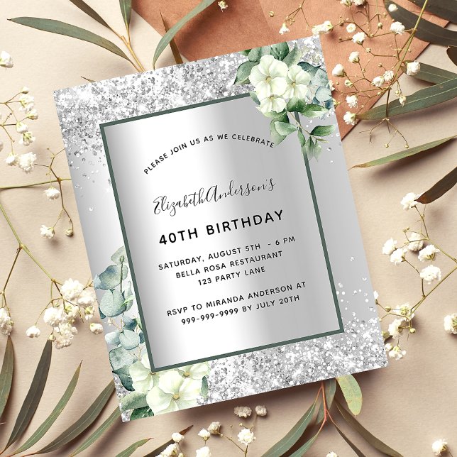 Birthday silver white floral budget invitation flyer (Creator Uploaded)