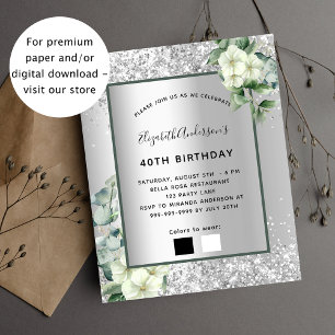 Birthday silver white floral eucalyptus invitation