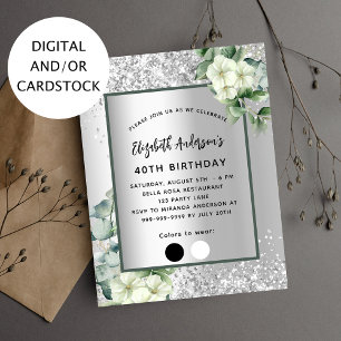 Birthday silver white florals attire palette invitation