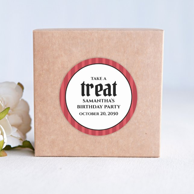 Birthday Simple Minimalist Modern Red Stripe Treat Classic Round Sticker (Creator Uploaded)