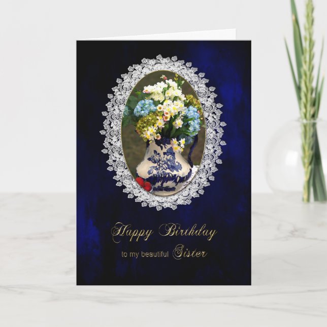 BIRTHDAY,  SISTER, Antique Blue/White Vase, Flower Card (Front)