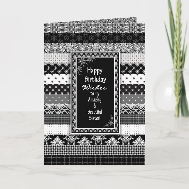 Birthday, SISTER, Black/White Print Layers Card (Front)